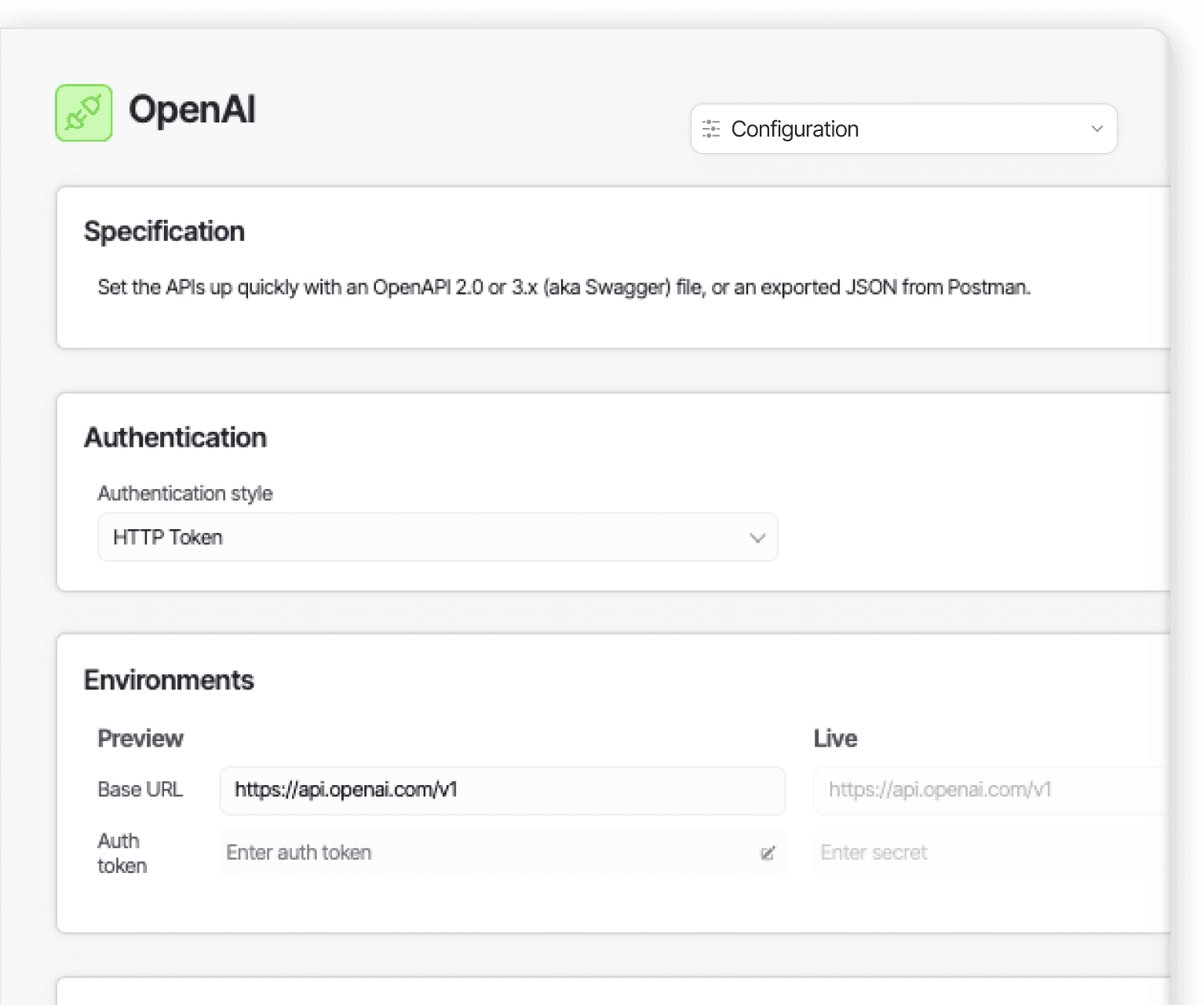 An OpenAI API integration configured in Scram, showing specification, authentication, and environment settings. Hovering opens the configuration dropdown.