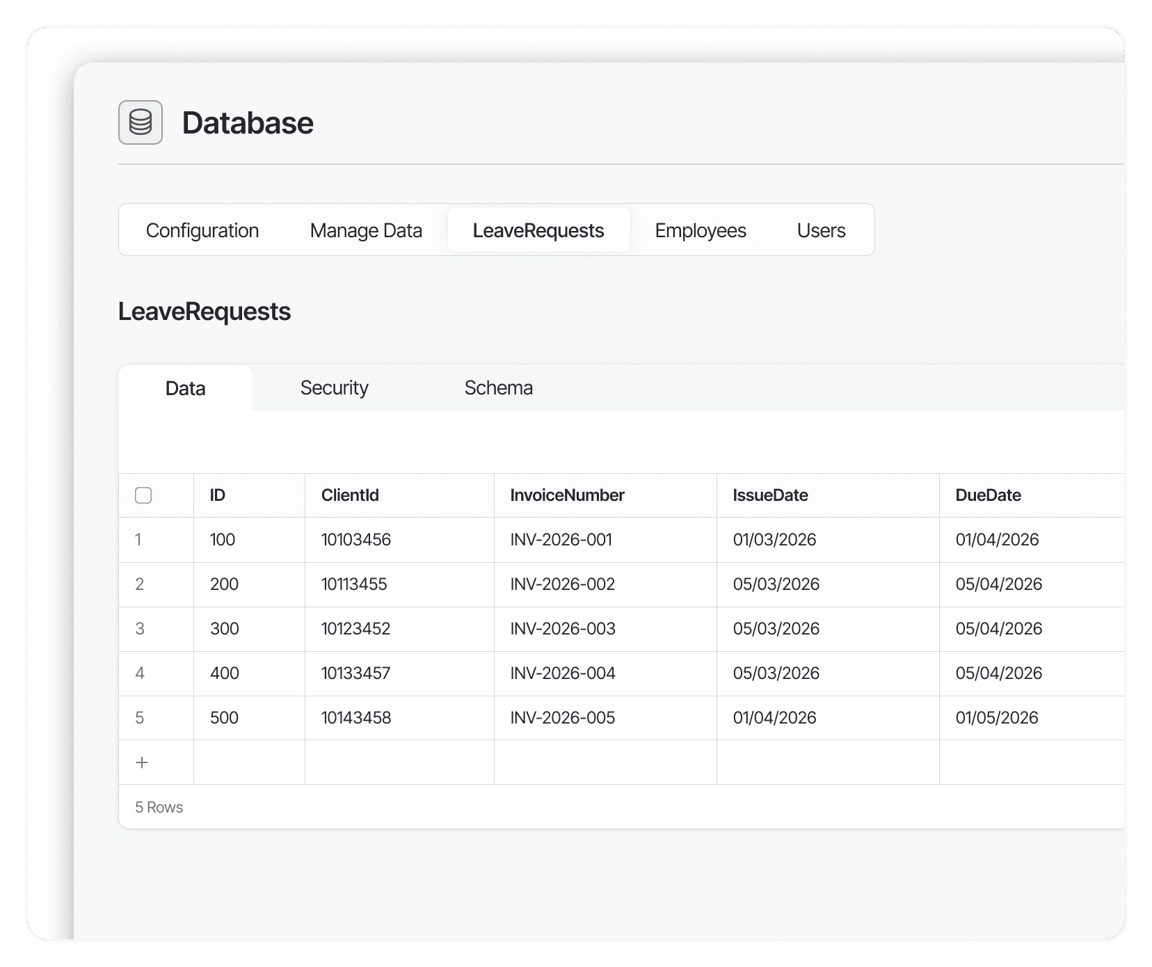 The Database panel in Scram, showing a data table with a column's options revealed on hover