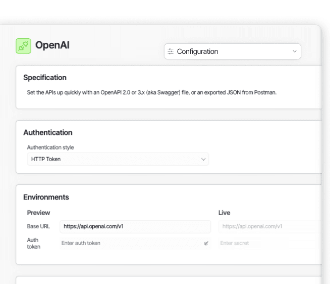 An OpenAI API integration configured in Scram, showing specification, authentication, and environment settings. Hovering opens the configuration dropdown.